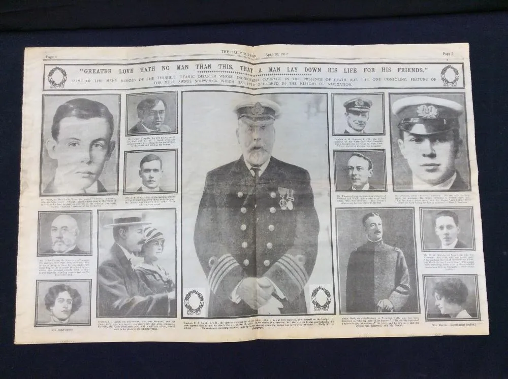 Newspaper spread showing photos of Titanic victims