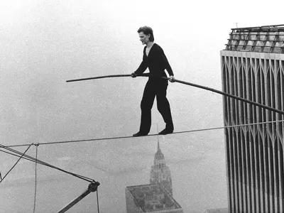 Philipe Petit walks between the twin towers on August 7, 1974.