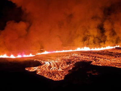 Lava flows from a fissure on the Reykjanes Peninsula in southwestern Iceland on January 14.