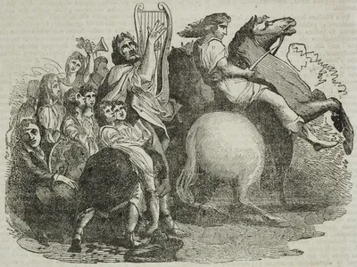 An&nbsp;1838 illustration of Pindar, the lyric poet from ancient Greece, reciting one of the Olympian odes