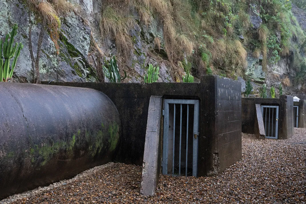 A row of air raid bunkers from World War II