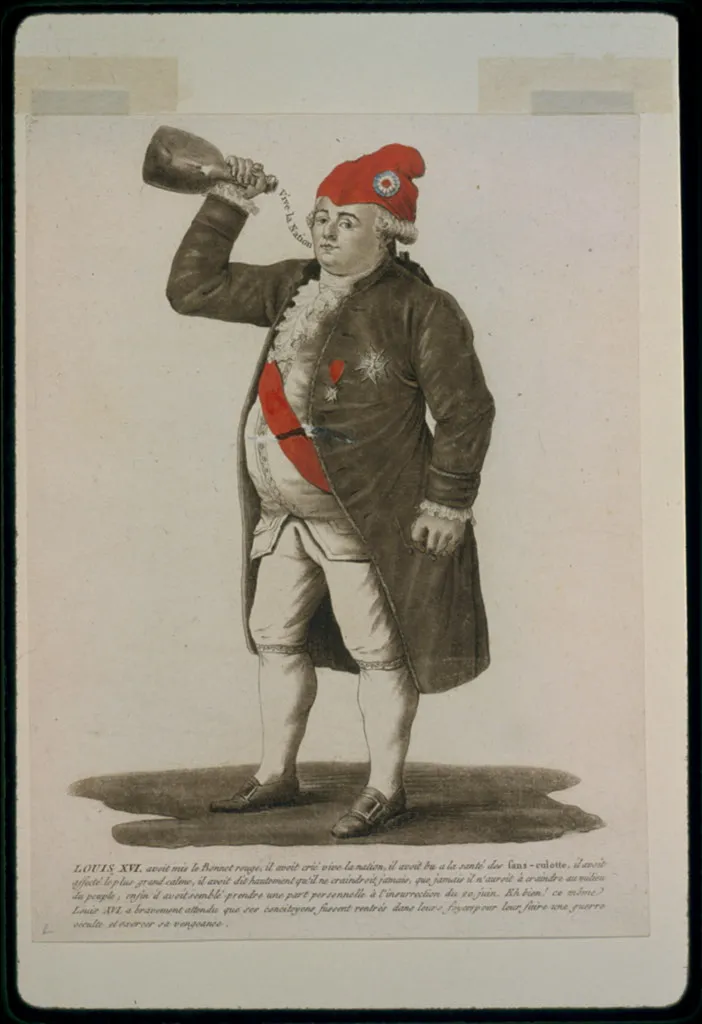 A satirical drawing of Louis XVI wearing a Phrygian cap and drinking wine