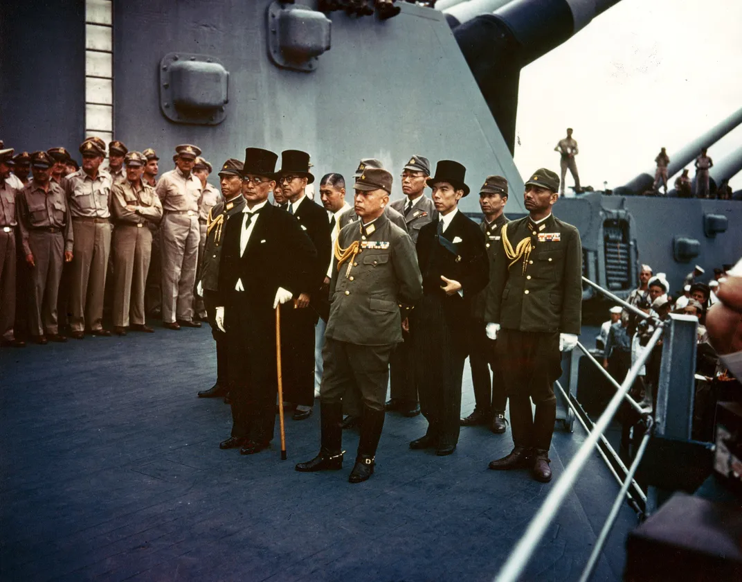 Japanese representatives on board the USS Missouri during the September 2, 1945, surrender ceremony