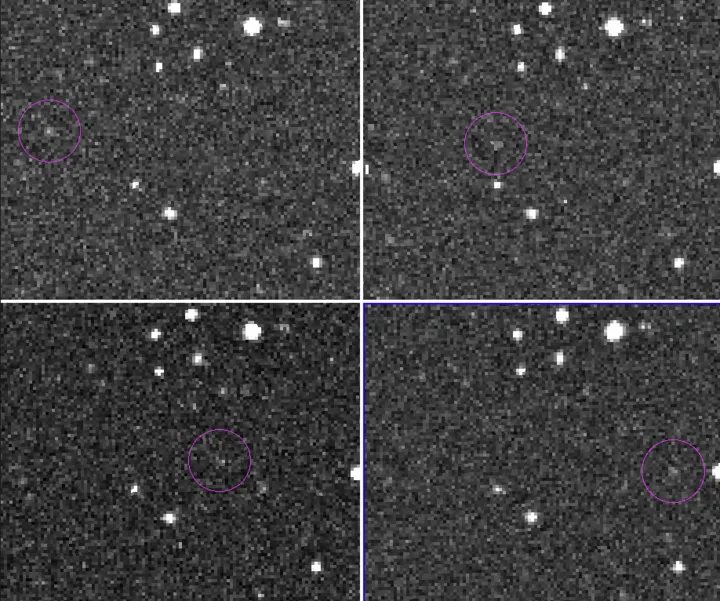 Four quadrants with purple circle identifying the asteroid