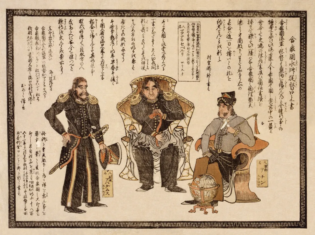 A Japanese woodblock print of Commodore Matthew Perry (center) and other high-ranking American seamen